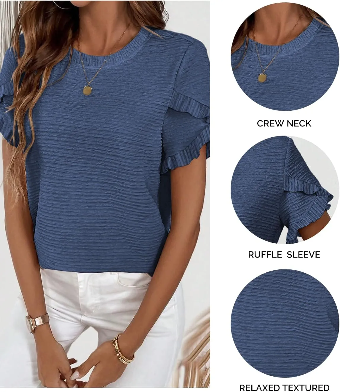 Womens Tops Casual Crew Neck Shirts Ruffle Short Sleeve Relaxed Textured Soft Cute Blouses for Women Summer Blouses