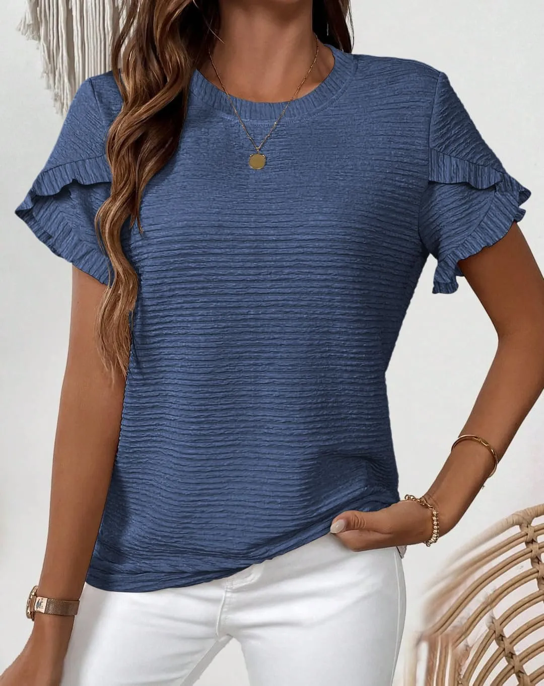 Womens Tops Casual Crew Neck Shirts Ruffle Short Sleeve Relaxed Textured Soft Cute Blouses for Women Summer Blouses