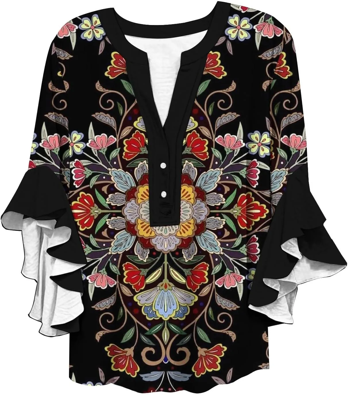 Womens Tops Casual Plus Size V Neck 3/4 Sleeve Summer Flowy Ruffle Sleeve Half Button Down Shirts Floral Print Blouses