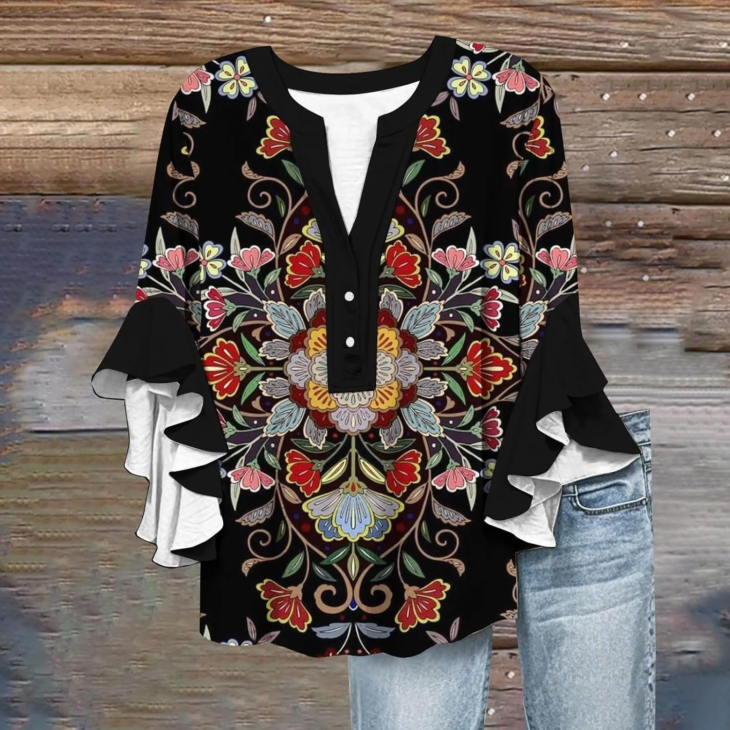 Womens Tops Casual Plus Size V Neck 3/4 Sleeve Summer Flowy Ruffle Sleeve Half Button Down Shirts Floral Print Blouses