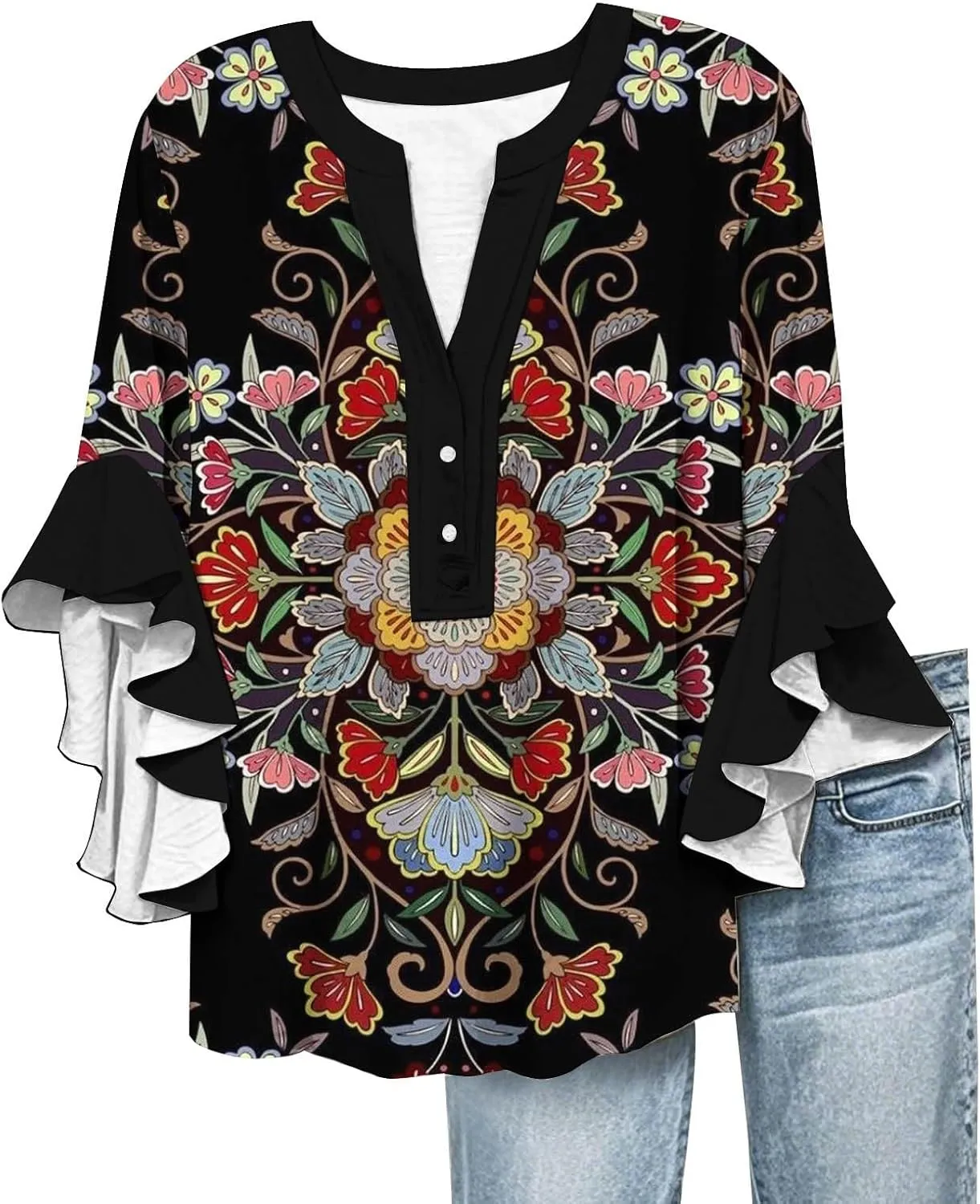 Womens Tops Casual Plus Size V Neck 3/4 Sleeve Summer Flowy Ruffle Sleeve Half Button Down Shirts Floral Print Blouses