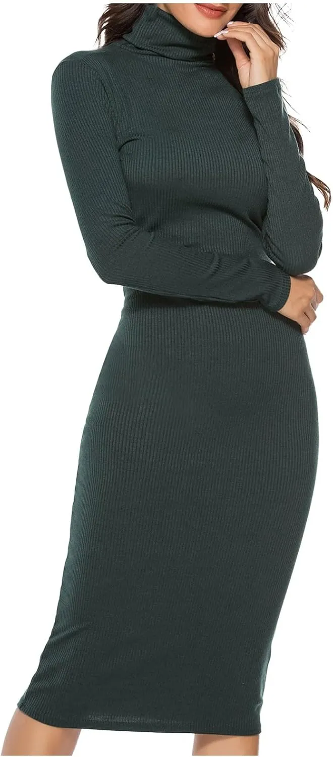 Women's Turtleneck Midi Sweater Dress Long Sleeve Bodycon Ribbed Knit Slim Fit Dress Sexy Office Midi Dresses
