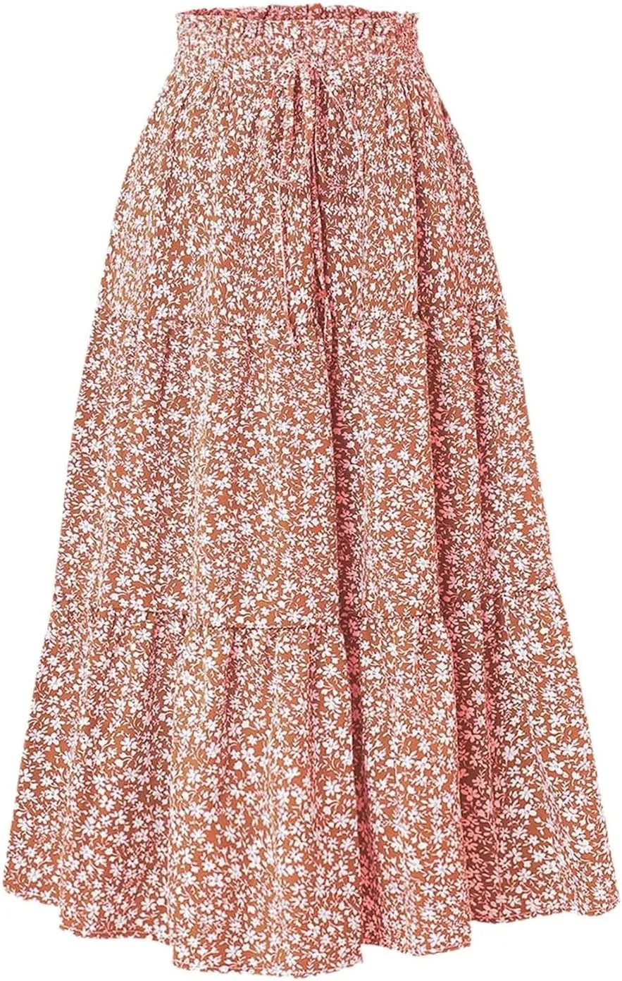 Women's Vacation Skirts Boho Elastic Waist Drawstring Comfortable Skirt High Waisted Lightweight Casual Summer Skorts