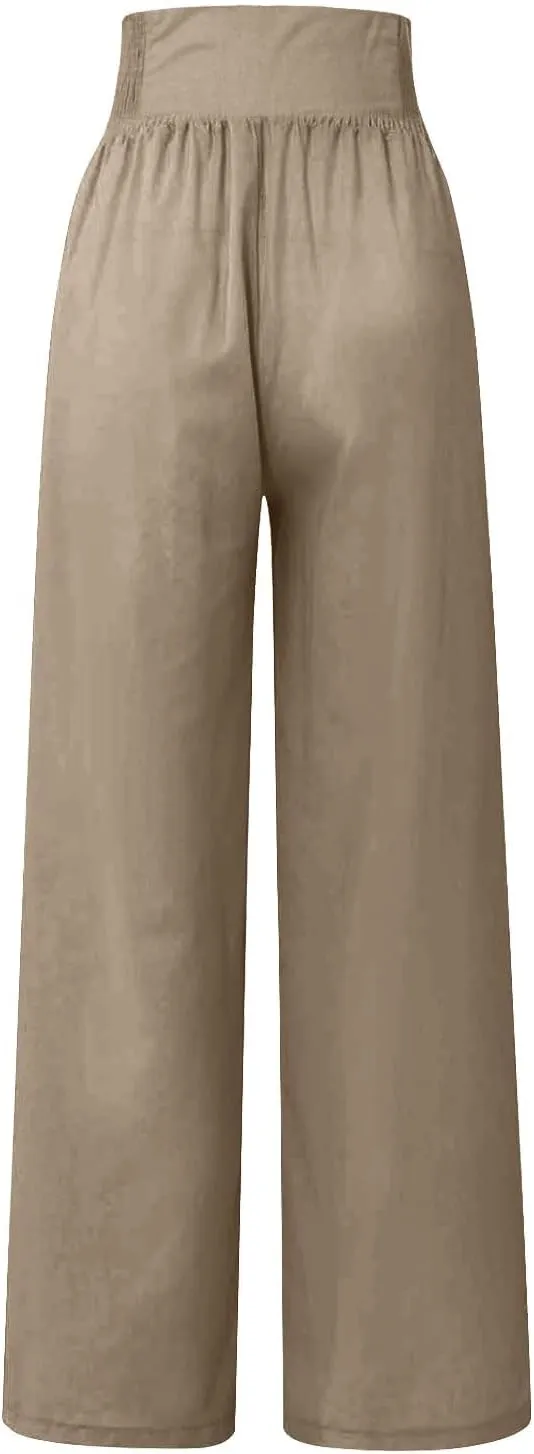 Women's Wide Leg Pants High Waist Linen Trousers Solid Elastic Waist Slim Fit Pants with Pockets Loose Lounge Pants