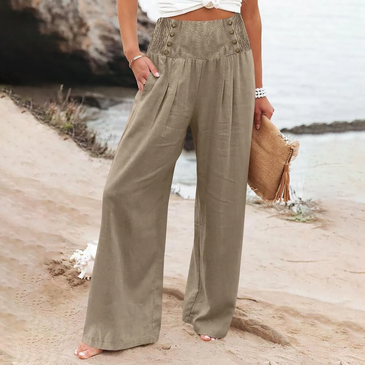 Women's Wide Leg Pants High Waist Linen Trousers Solid Elastic Waist Slim Fit Pants with Pockets Loose Lounge Pants