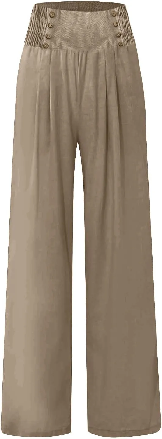 Women's Wide Leg Pants High Waist Linen Trousers Solid Elastic Waist Slim Fit Pants with Pockets Loose Lounge Pants