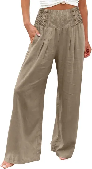 Women's Wide Leg Pants High Waist Linen Trousers Solid Elastic Waist Slim Fit Pants with Pockets Loose Lounge Pants