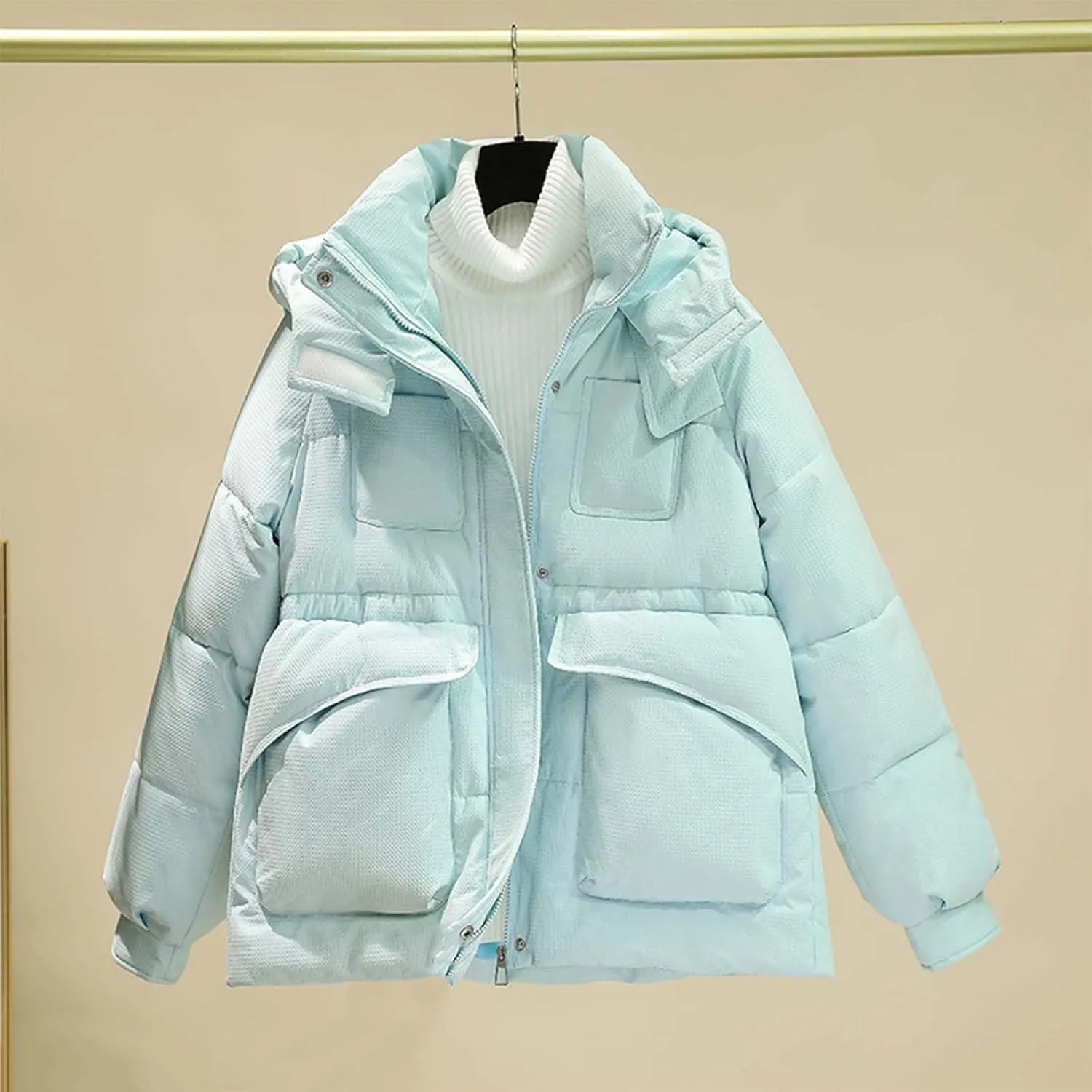 Women's Winter Short Puffer Jacket Hoodies Long Sleeve Solid Color Slim Fit Y2k Zip Up Padded Parkas Down Coat Girls