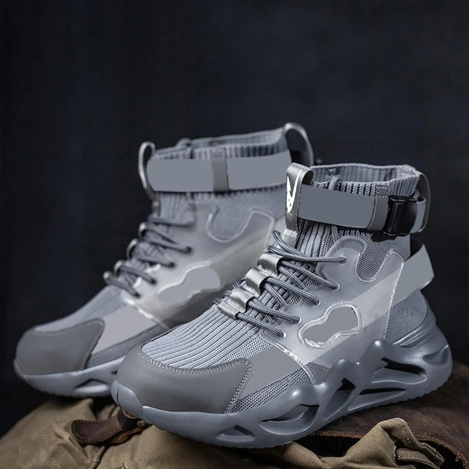 Work Sneakers for Men Fashion Lace Up High Top Sneakers Non Slip Breathable Lightweight Athletic Shoes Adjustable Buckle Running Shoes