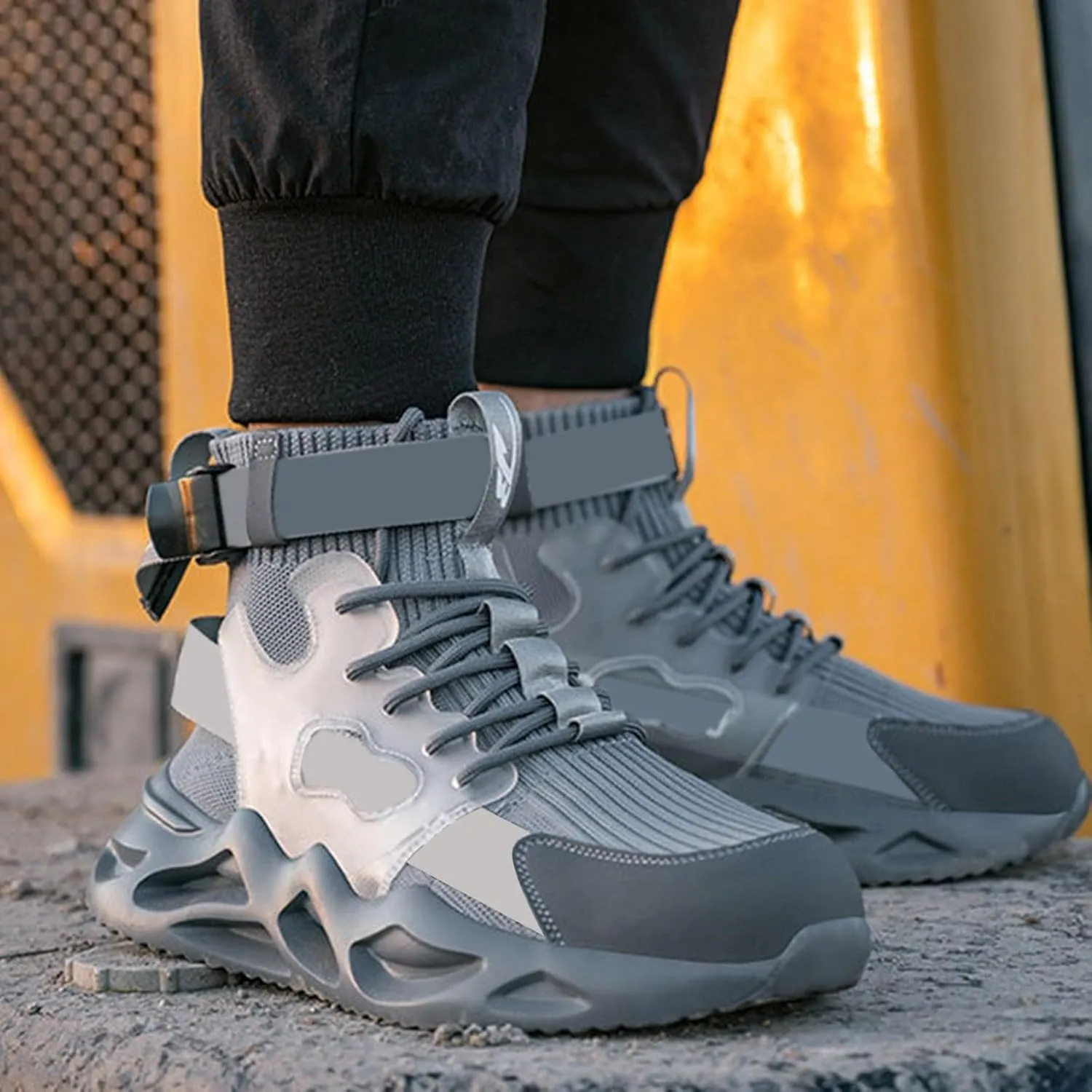 Work Sneakers for Men Fashion Lace Up High Top Sneakers Non Slip Breathable Lightweight Athletic Shoes Adjustable Buckle Running Shoes