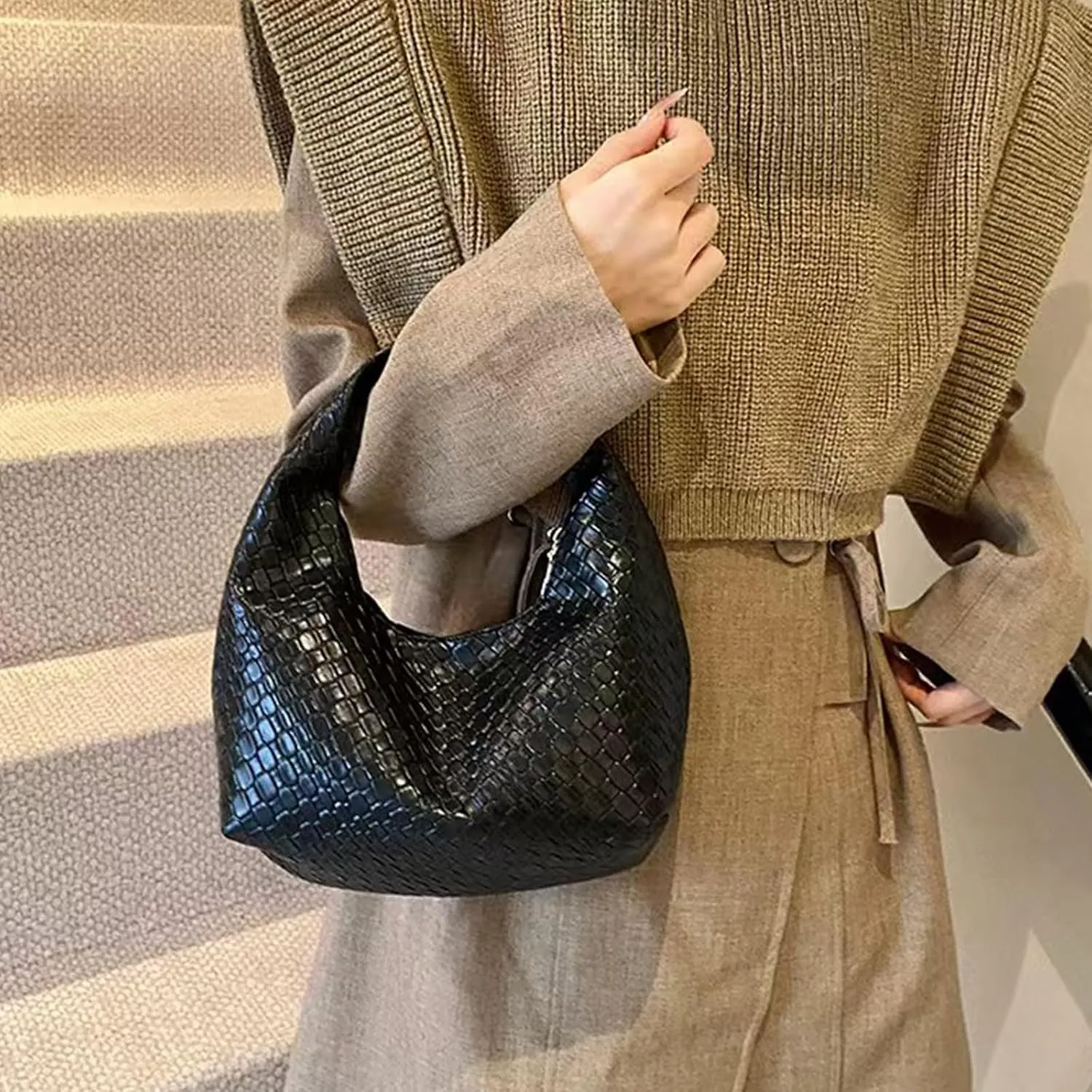 Woven Bag for Women Top Handle Shoulder Bag PU Leather Woven Tote Handbag Purses for Women