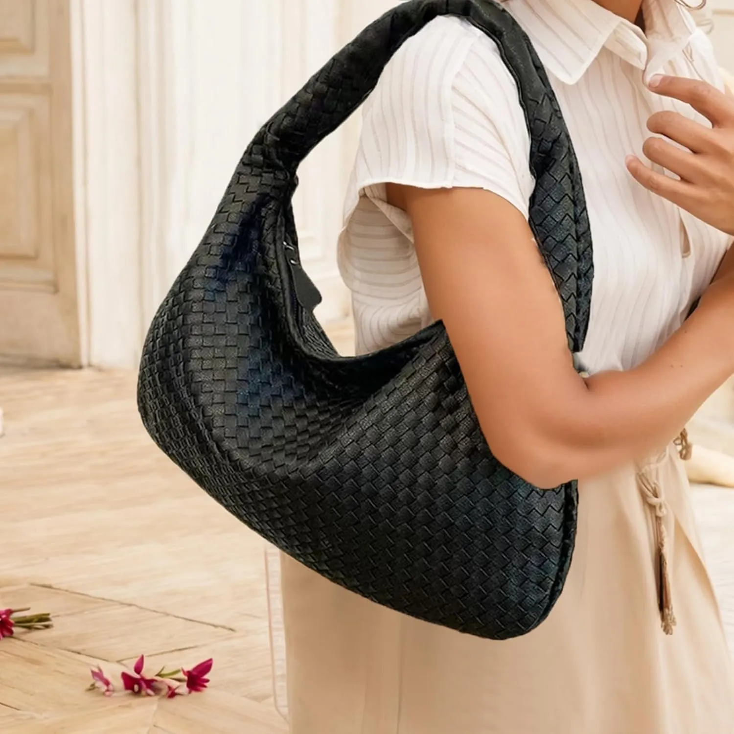 Woven Bag for Women Top Handle Shoulder Bag PU Leather Woven Tote Handbag Purses for Women
