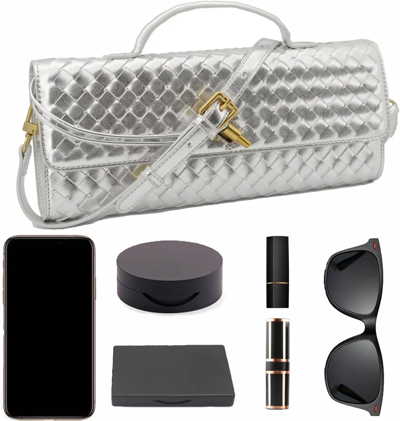 Woven Clutch Purse Ladies Top Handle Handbag Leather Crossbody Shoulder Bag with Detachable Strap
