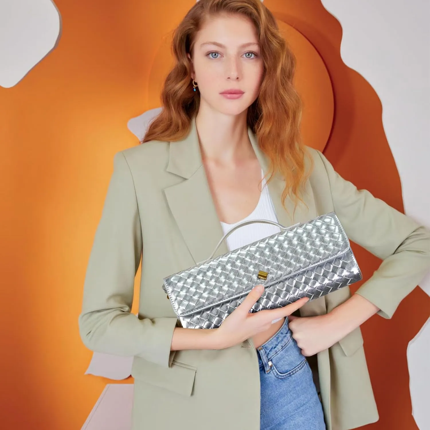 Woven Clutch Purse Ladies Top Handle Handbag Leather Crossbody Shoulder Bag with Detachable Strap
