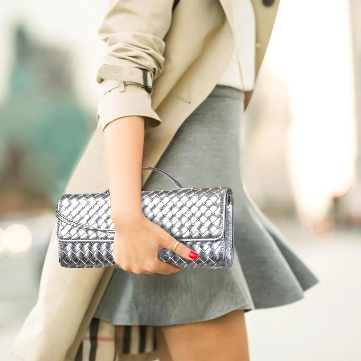 Woven Clutch Purse Ladies Top Handle Handbag Leather Crossbody Shoulder Bag with Detachable Strap