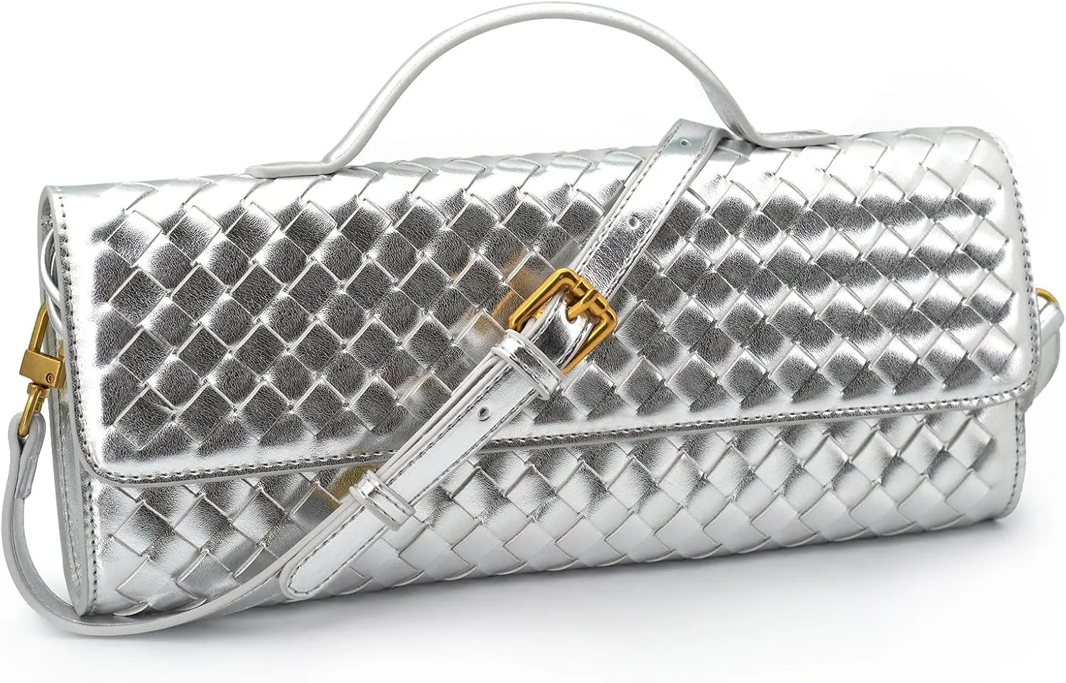 Woven Clutch Purse Ladies Top Handle Handbag Leather Crossbody Shoulder Bag with Detachable Strap