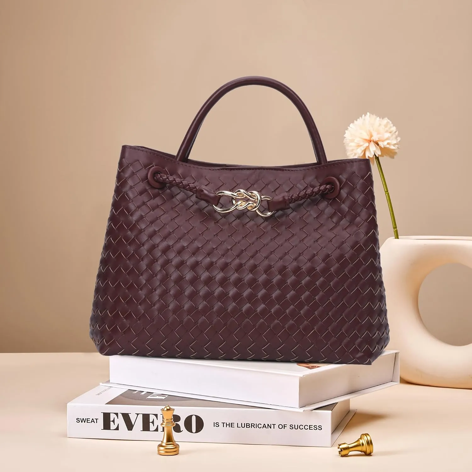 Woven Tote Bag for Women Crossbody Handbag,Vegan Leather Large Tote Purse,Trendy Satchel Handbag Bowknot Shoulder Bag