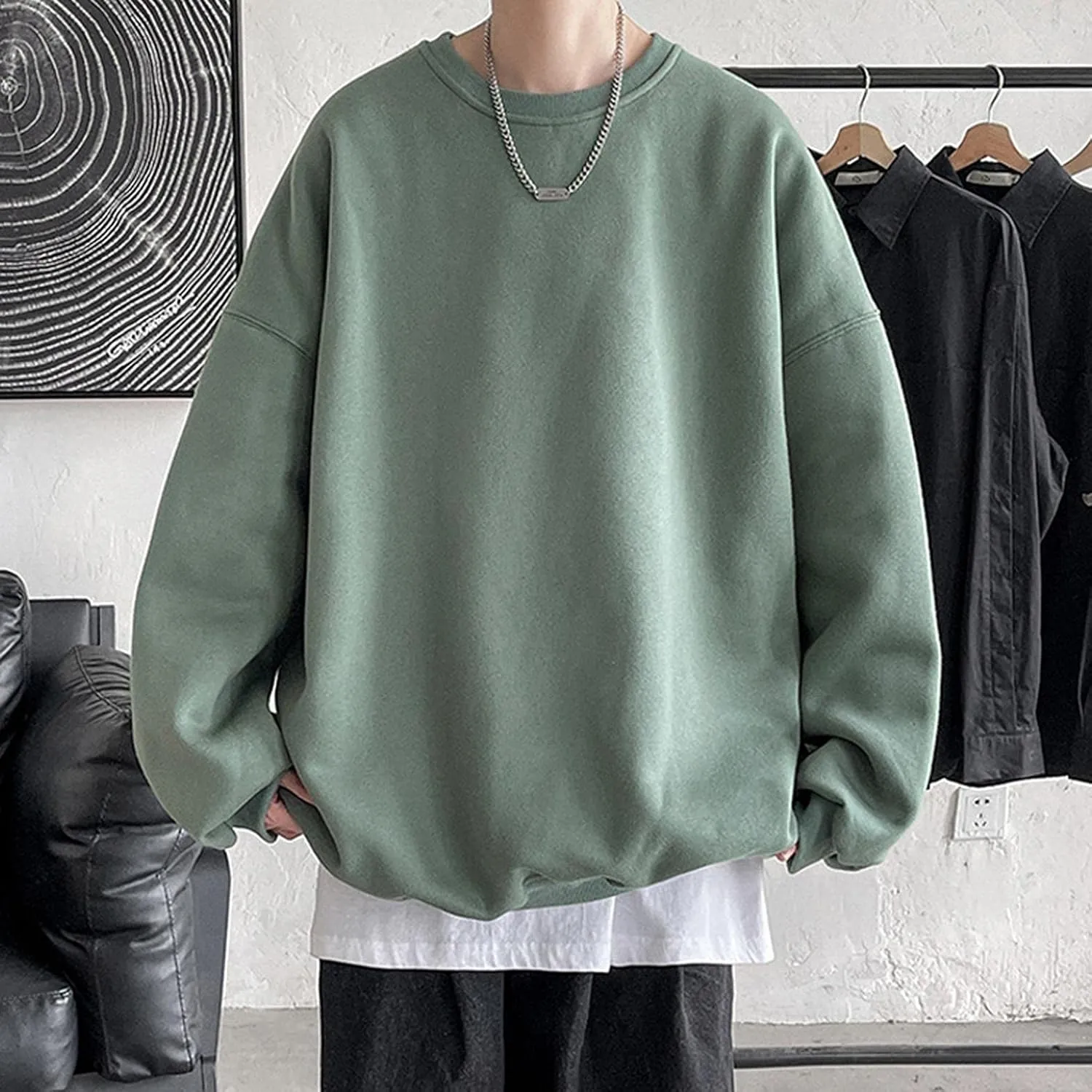 WUAI-Men Crewneck Sweatshirt Plus Size Soft Cozy Hipster Workout Loose Oversized Pullover Sweaters Thermal Jumper Tops