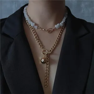 Xerling Gold Cuban Link Chunky Toggle Necklaces Boho Layered Chains Y Necklaces Irregular Gravel Stone Beaded Choker Statement Pendant Necklaces for Women Girls