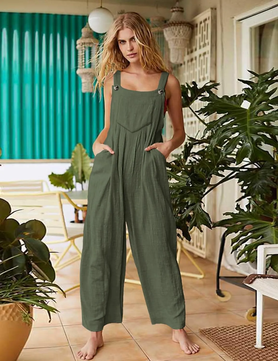 YESNO Women's Cotton Overalls Casual Loose Jumpsuits Adjustable Straps Wide Leg Rompers with Pockets PZK