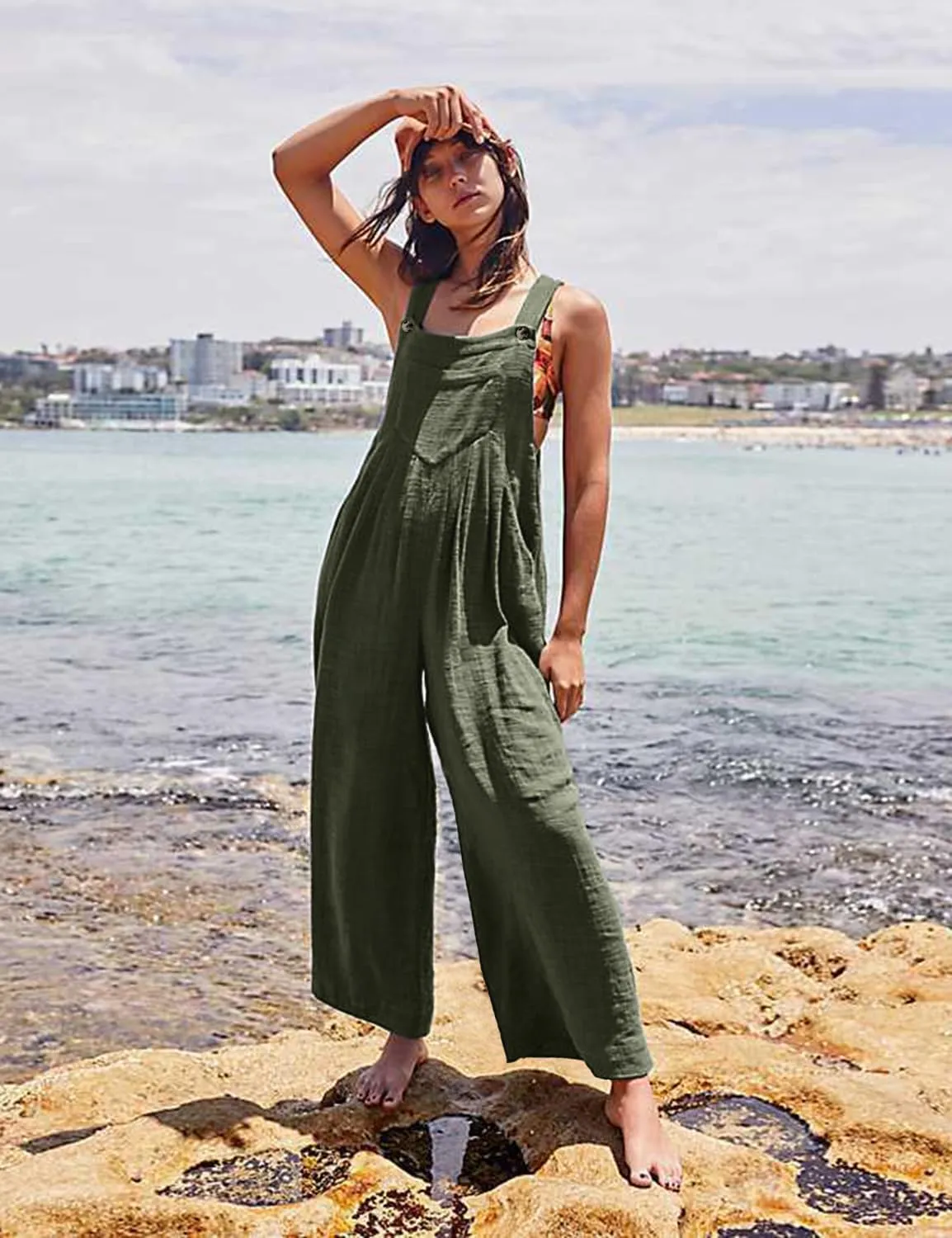 YESNO Women's Cotton Overalls Casual Loose Jumpsuits Adjustable Straps Wide Leg Rompers with Pockets PZK