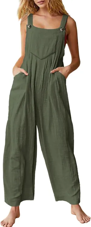 YESNO Women's Cotton Overalls Casual Loose Jumpsuits Adjustable Straps Wide Leg Rompers with Pockets PZK