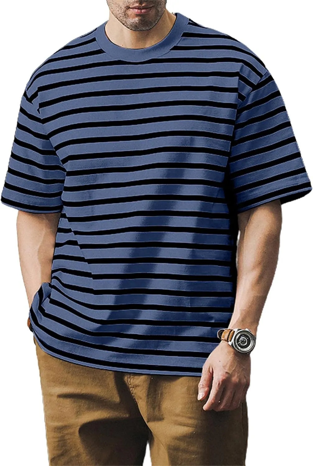 Ymosrh Men's Fashion Tshirts Casual Striped Short Sleeve Crewneck Summer Basic Tee Shirts, S-4XL