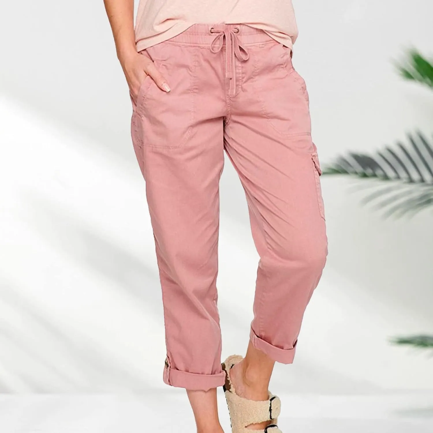 Yoga Dress Pants for Women Casual Work Business Pants Elastic Waist Plaid Pants Solid Color Travel Trousers