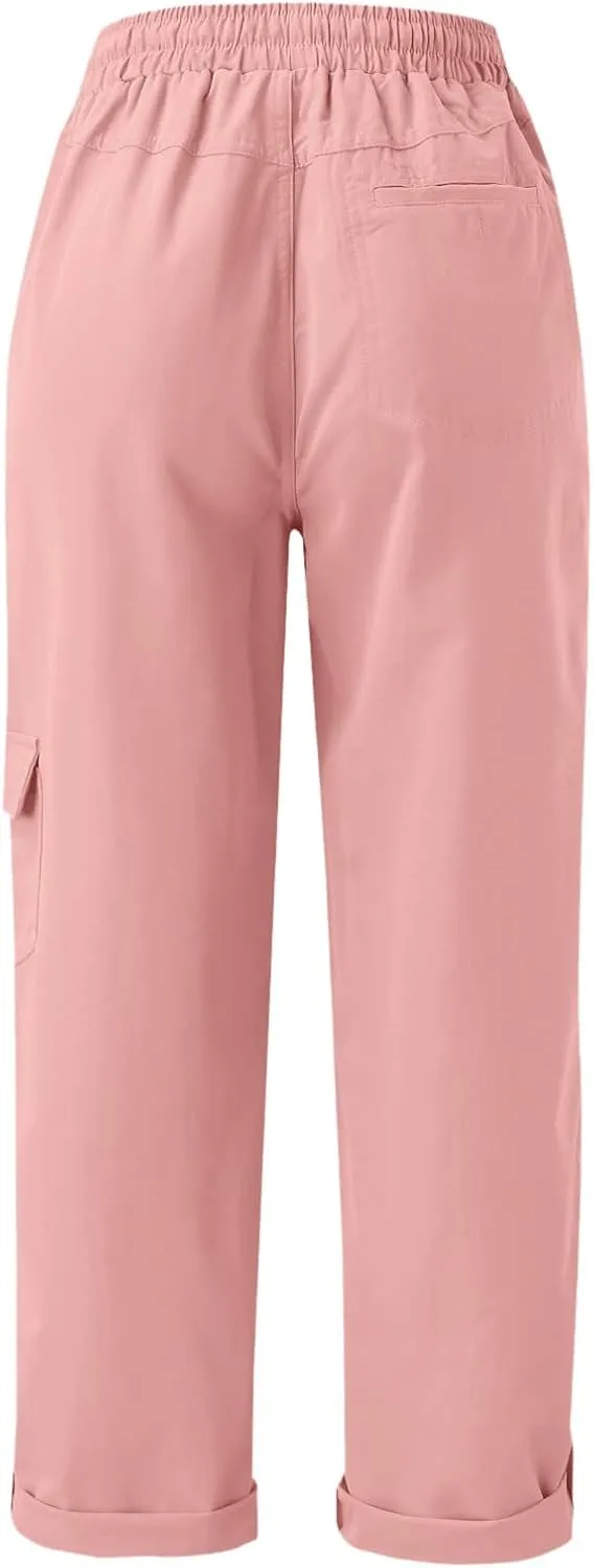 Yoga Dress Pants for Women Casual Work Business Pants Elastic Waist Plaid Pants Solid Color Travel Trousers
