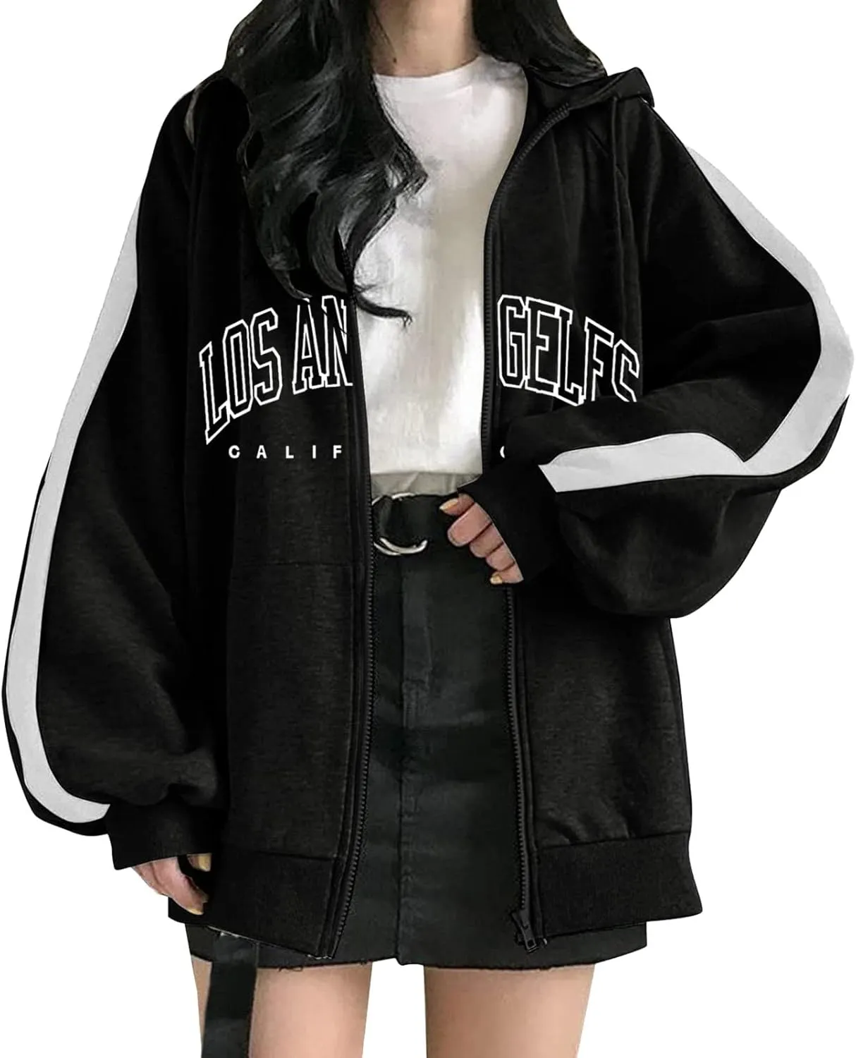 YOMXL Women's Y2K Vintage Graphic Zip Up Hoodie Oversized Casual Drawstring Hoodie E-Girl 90s Streetwear Jacket Tracksuit