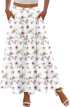 Zeagoo Skirts for Women Summer Boho Casual Maxi Flowy Elastic High Waist A-Line Tiered Swing Floral Long Skirts with Pockets