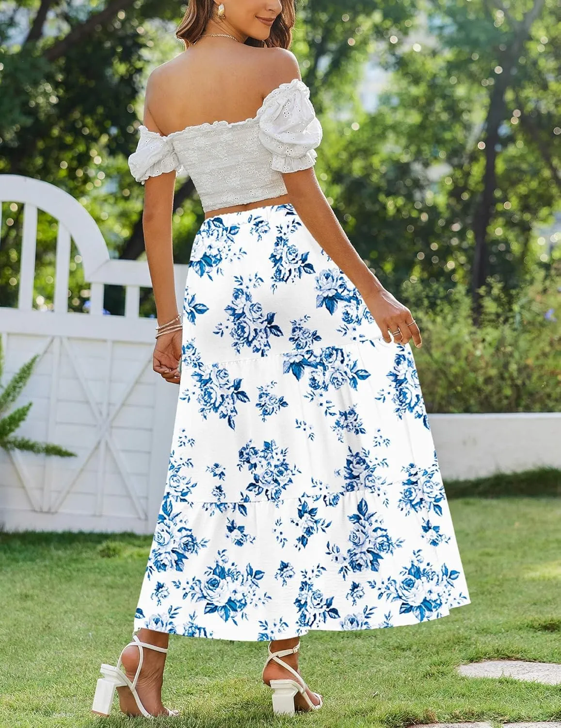 Zeagoo Skirts for Women Summer Boho Casual Maxi Flowy Elastic High Waist A-Line Tiered Swing Floral Long Skirts with Pockets
