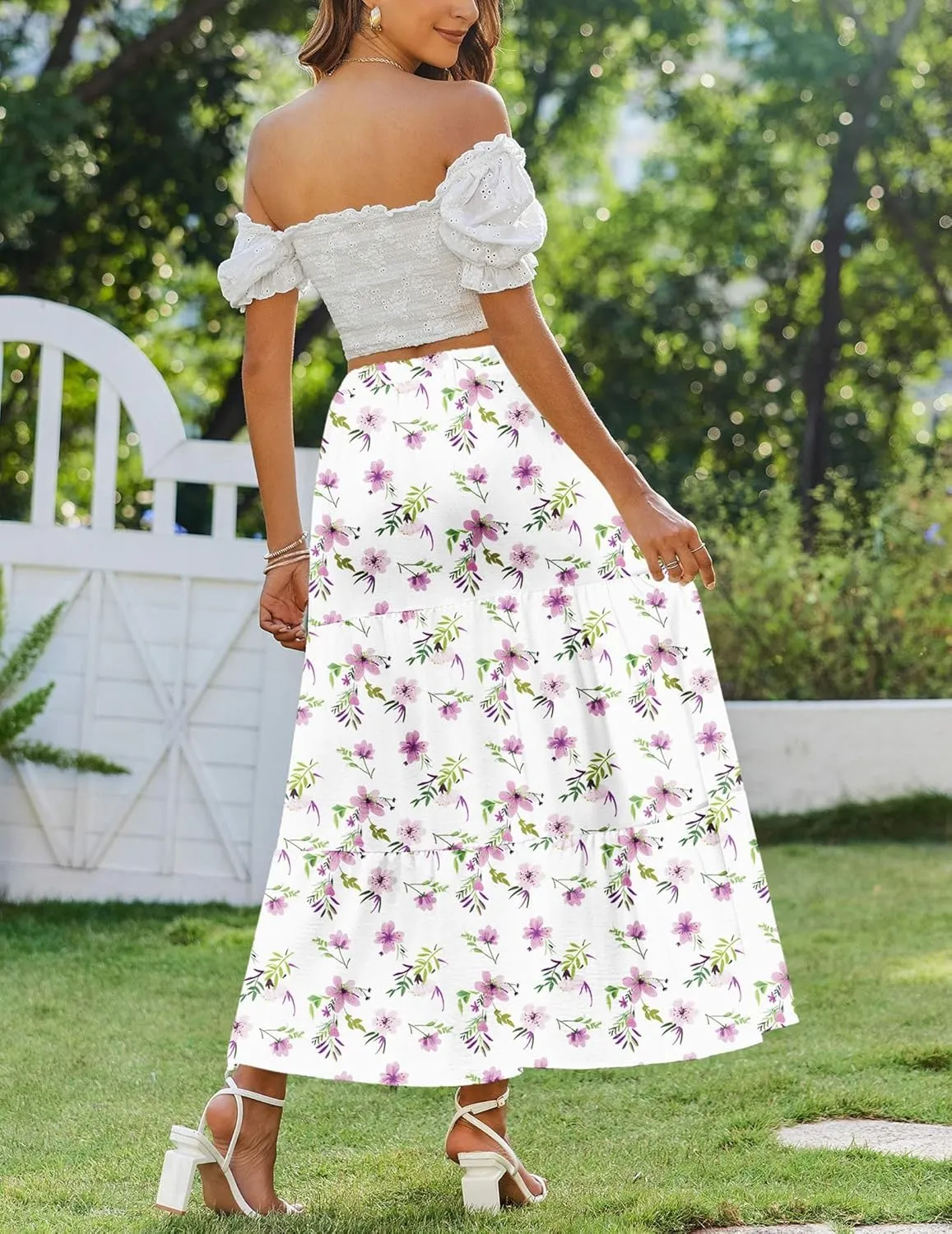 Zeagoo Skirts for Women Summer Boho Casual Maxi Flowy Elastic High Waist A-Line Tiered Swing Floral Long Skirts with Pockets