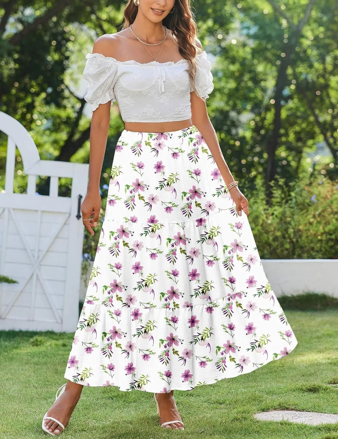 Zeagoo Skirts for Women Summer Boho Casual Maxi Flowy Elastic High Waist A-Line Tiered Swing Floral Long Skirts with Pockets