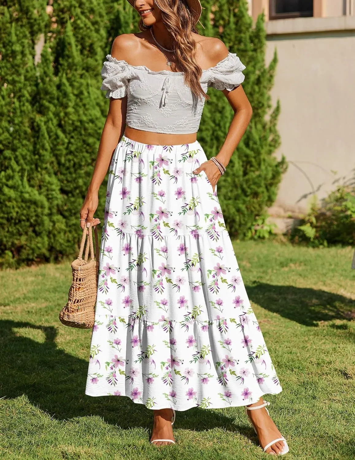 Zeagoo Skirts for Women Summer Boho Casual Maxi Flowy Elastic High Waist A-Line Tiered Swing Floral Long Skirts with Pockets