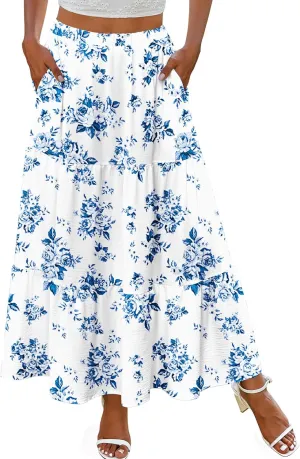 Zeagoo Skirts for Women Summer Boho Casual Maxi Flowy Elastic High Waist A-Line Tiered Swing Floral Long Skirts with Pockets