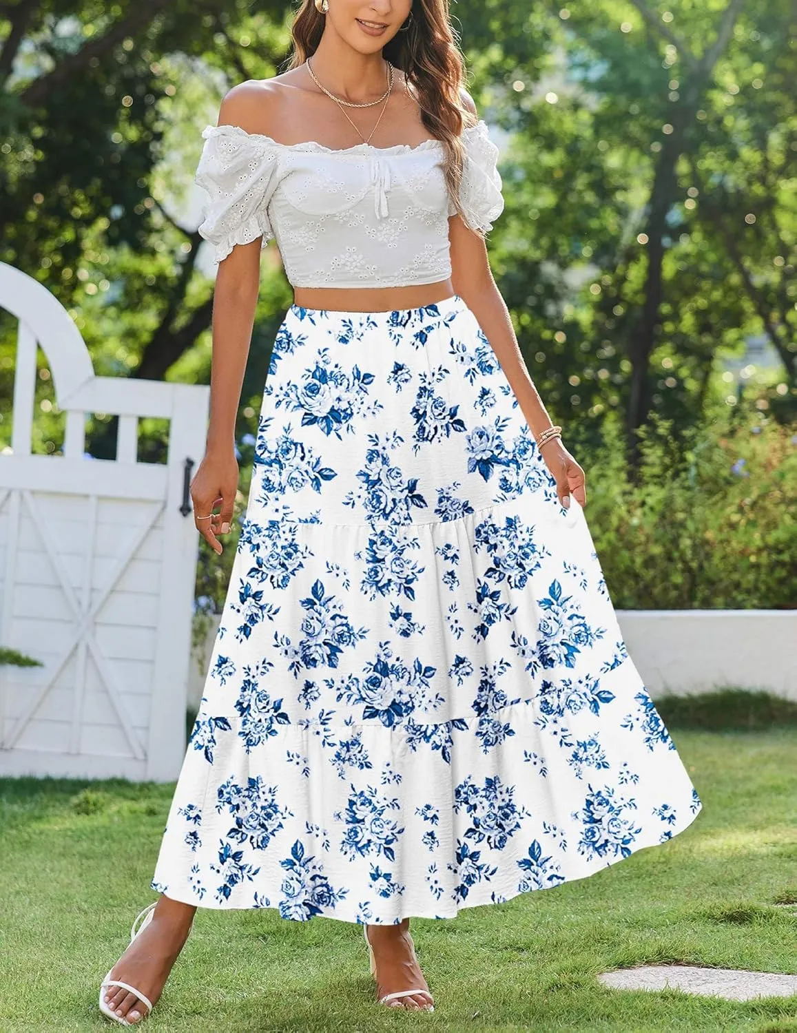 Zeagoo Skirts for Women Summer Boho Casual Maxi Flowy Elastic High Waist A-Line Tiered Swing Floral Long Skirts with Pockets