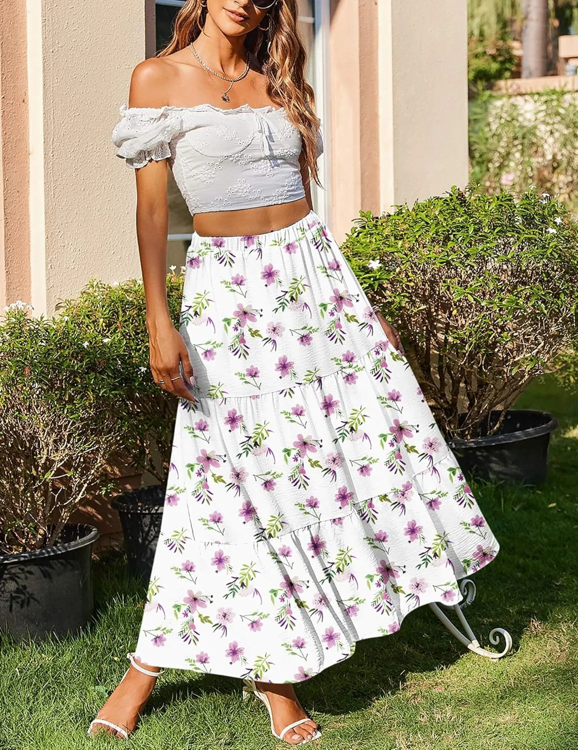 Zeagoo Skirts for Women Summer Boho Casual Maxi Flowy Elastic High Waist A-Line Tiered Swing Floral Long Skirts with Pockets