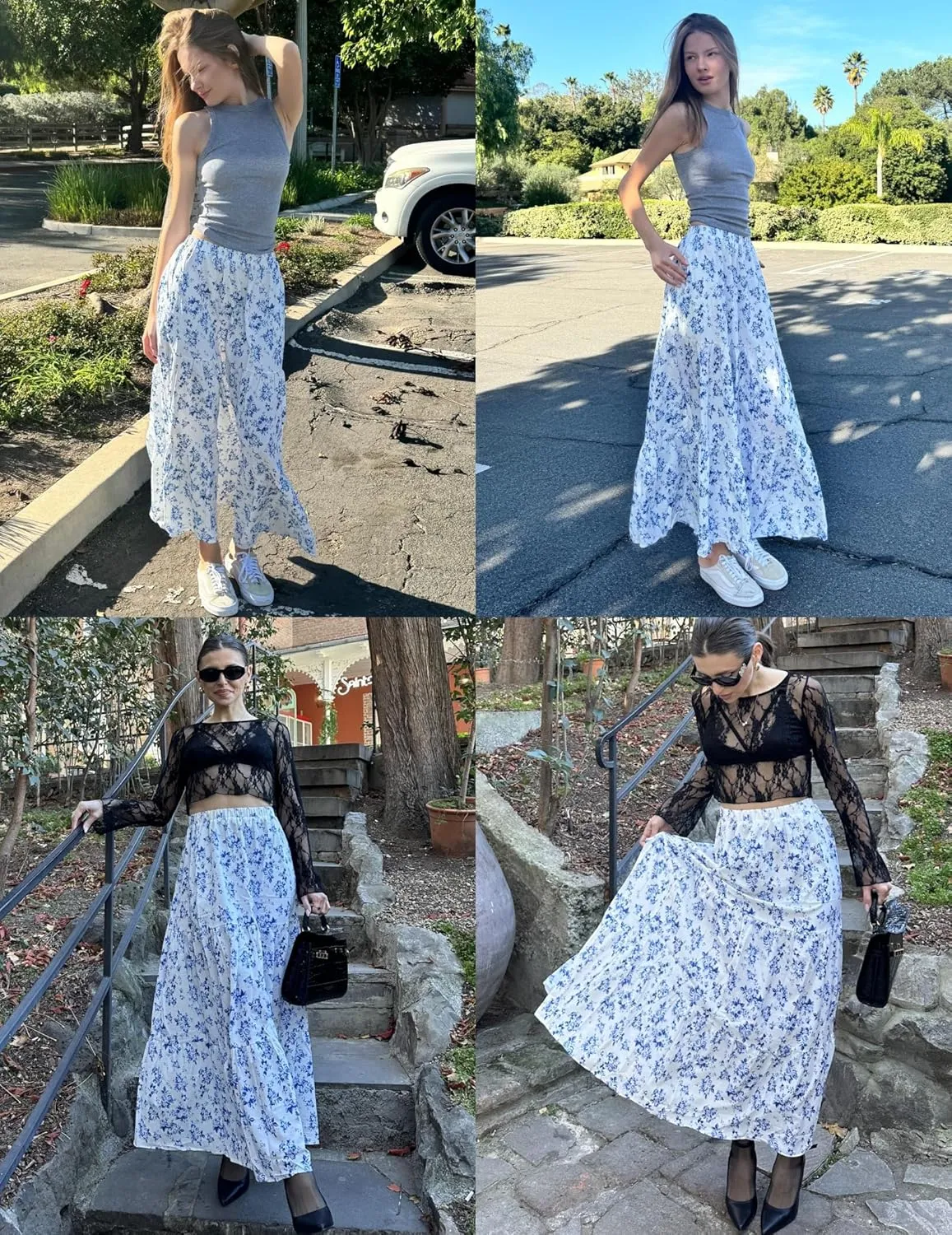 Zeagoo Skirts for Women Summer Boho Casual Maxi Flowy Elastic High Waist A-Line Tiered Swing Floral Long Skirts with Pockets