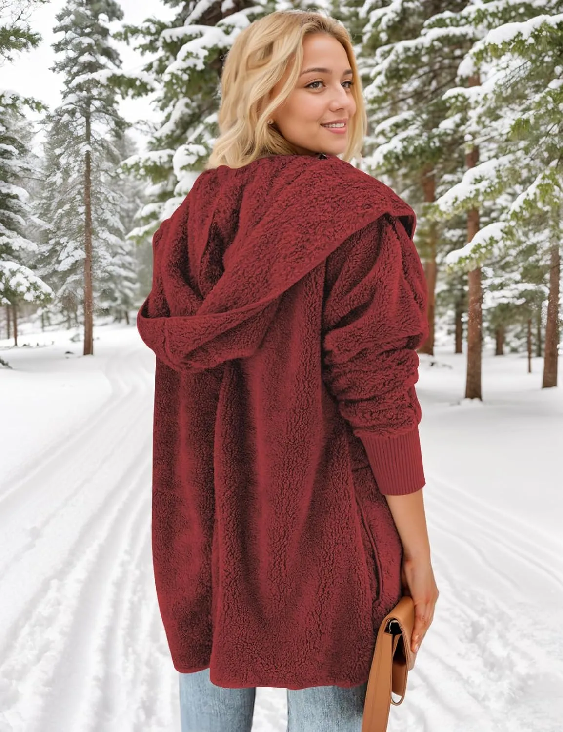 Zilcremo Women Hooded Cardigan Fuzzy Jacket Winter Open Front Fleece Coat Outwear with Pockets