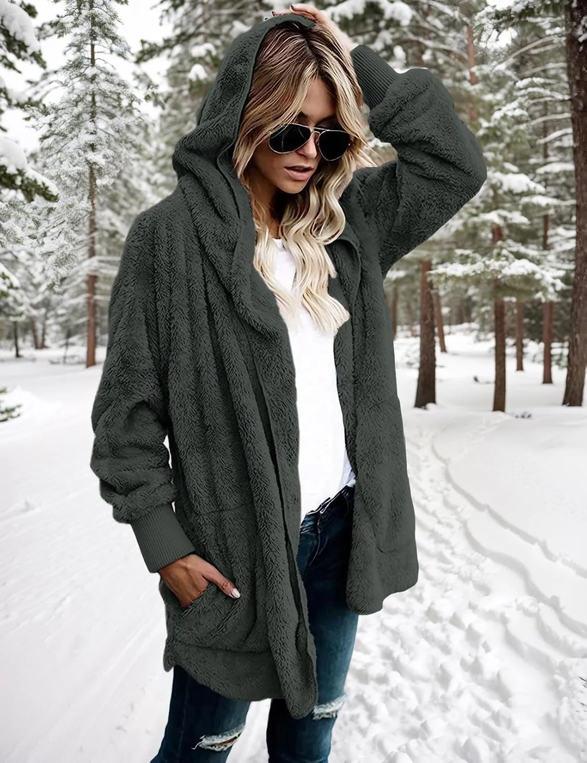 Zilcremo Women Hooded Cardigan Fuzzy Jacket Winter Open Front Fleece Coat Outwear with Pockets