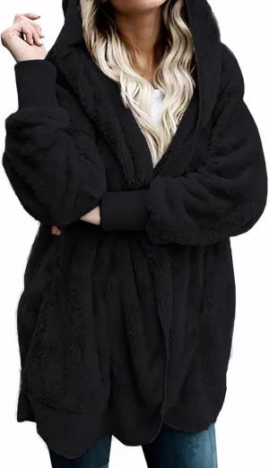 Zilcremo Women Hooded Cardigan Fuzzy Jacket Winter Open Front Fleece Coat Outwear with Pockets
