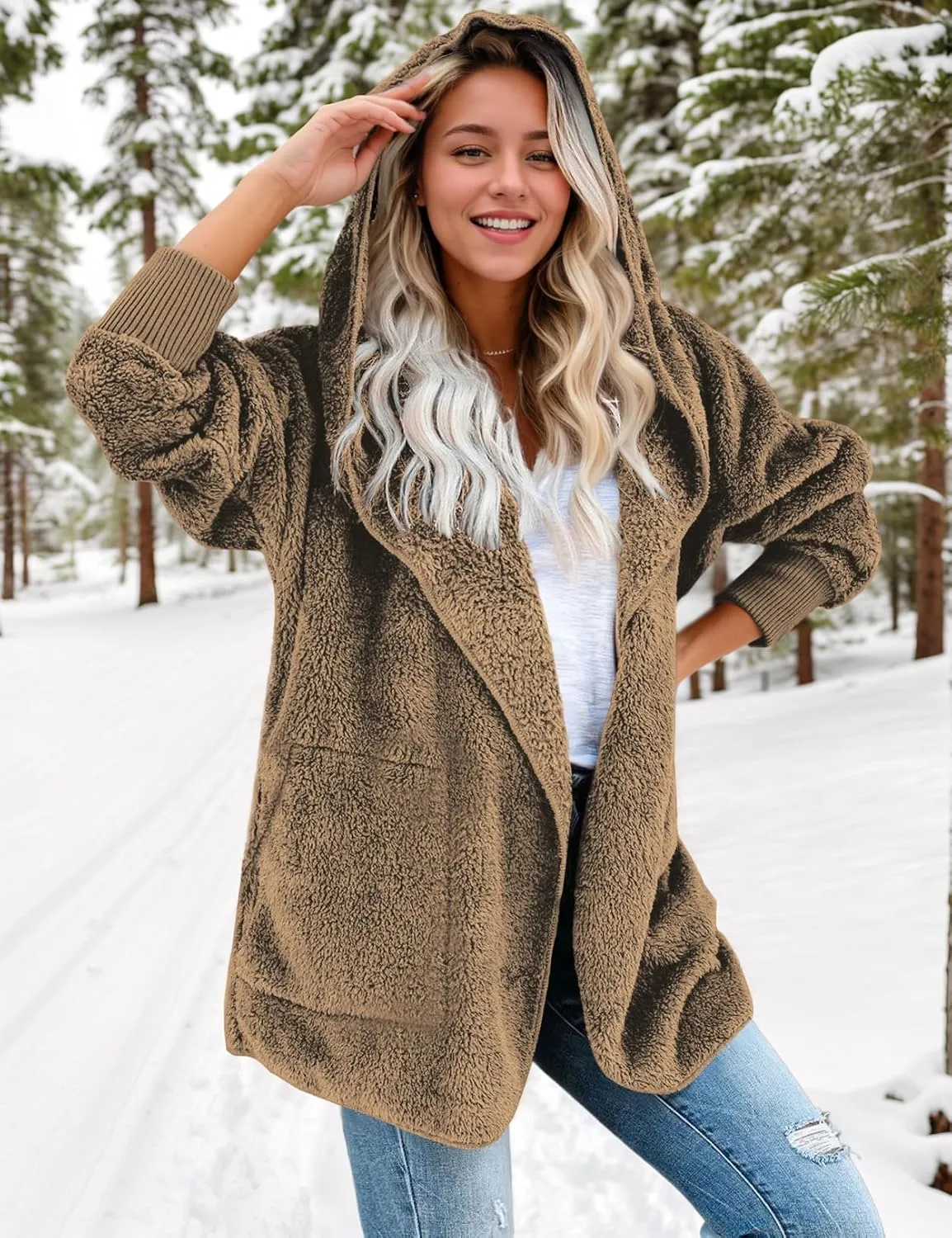 Zilcremo Women Hooded Cardigan Fuzzy Jacket Winter Open Front Fleece Coat Outwear with Pockets