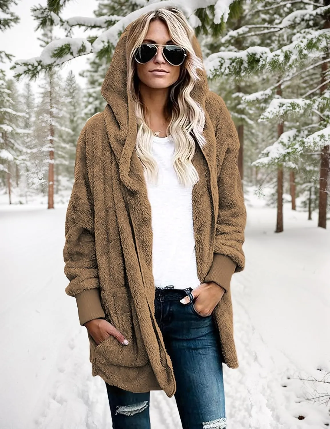 Zilcremo Women Hooded Cardigan Fuzzy Jacket Winter Open Front Fleece Coat Outwear with Pockets