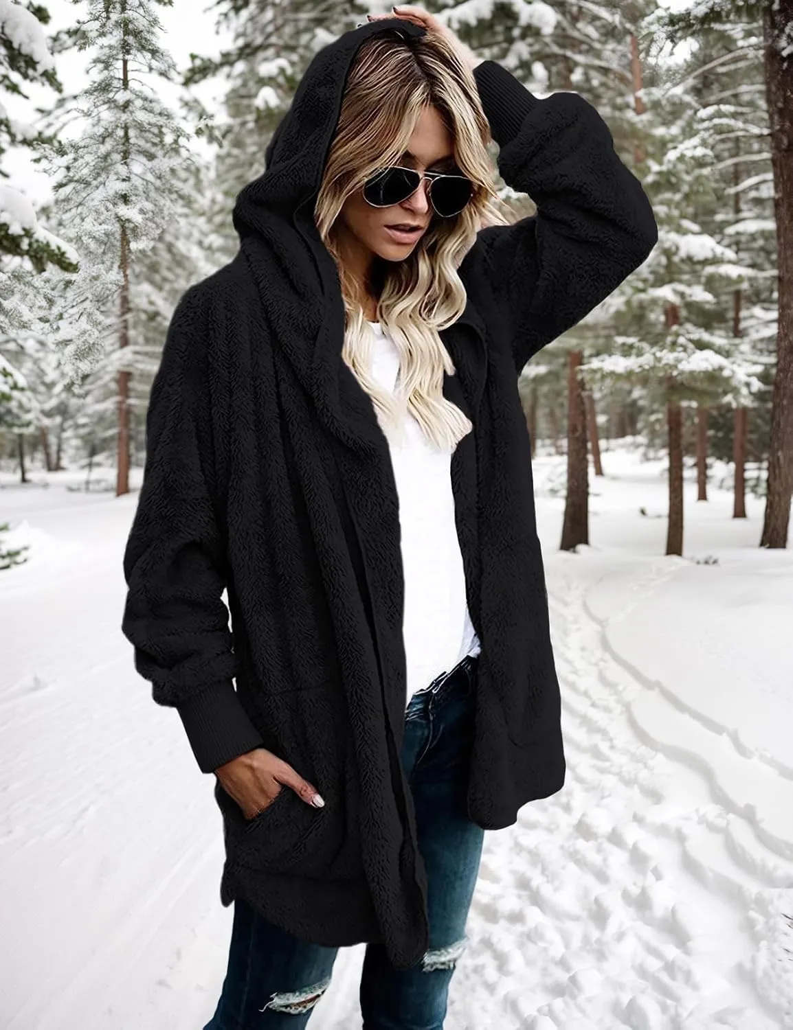 Zilcremo Women Hooded Cardigan Fuzzy Jacket Winter Open Front Fleece Coat Outwear with Pockets