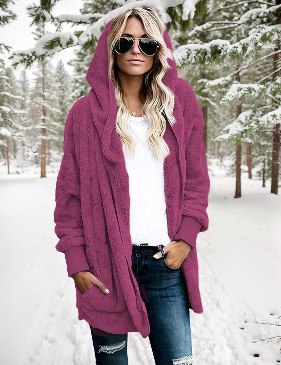 Zilcremo Women Hooded Cardigan Fuzzy Jacket Winter Open Front Fleece Coat Outwear with Pockets