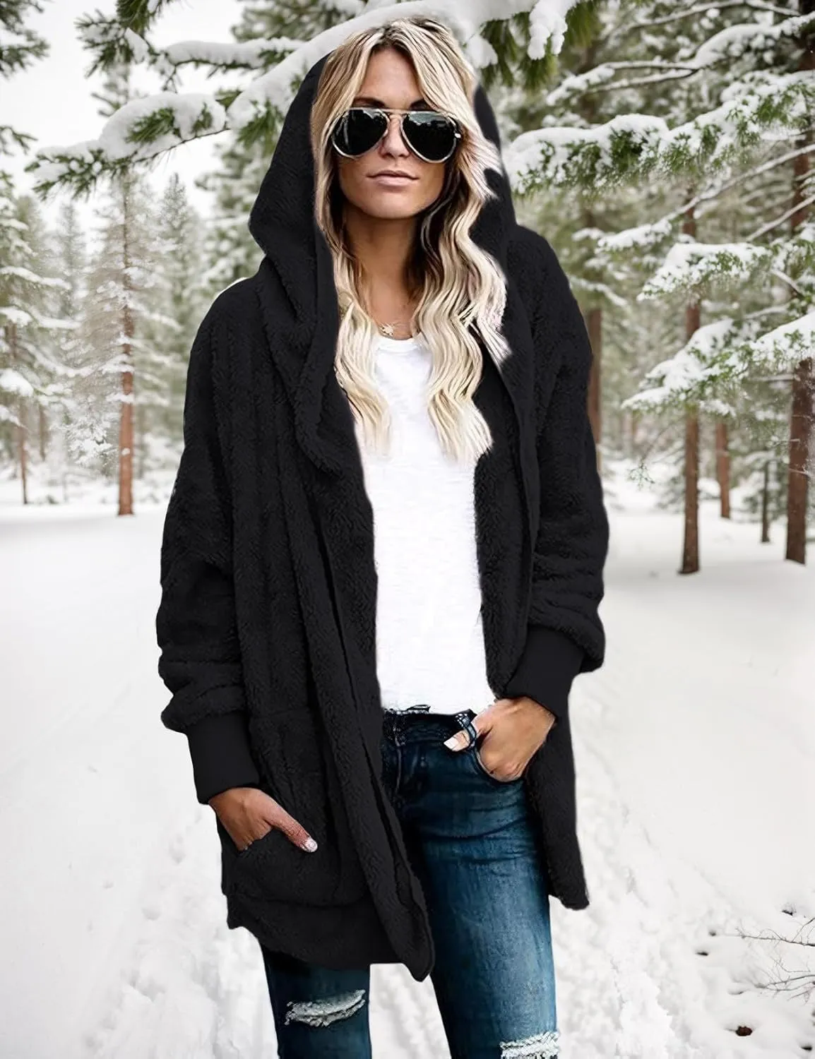 Zilcremo Women Hooded Cardigan Fuzzy Jacket Winter Open Front Fleece Coat Outwear with Pockets