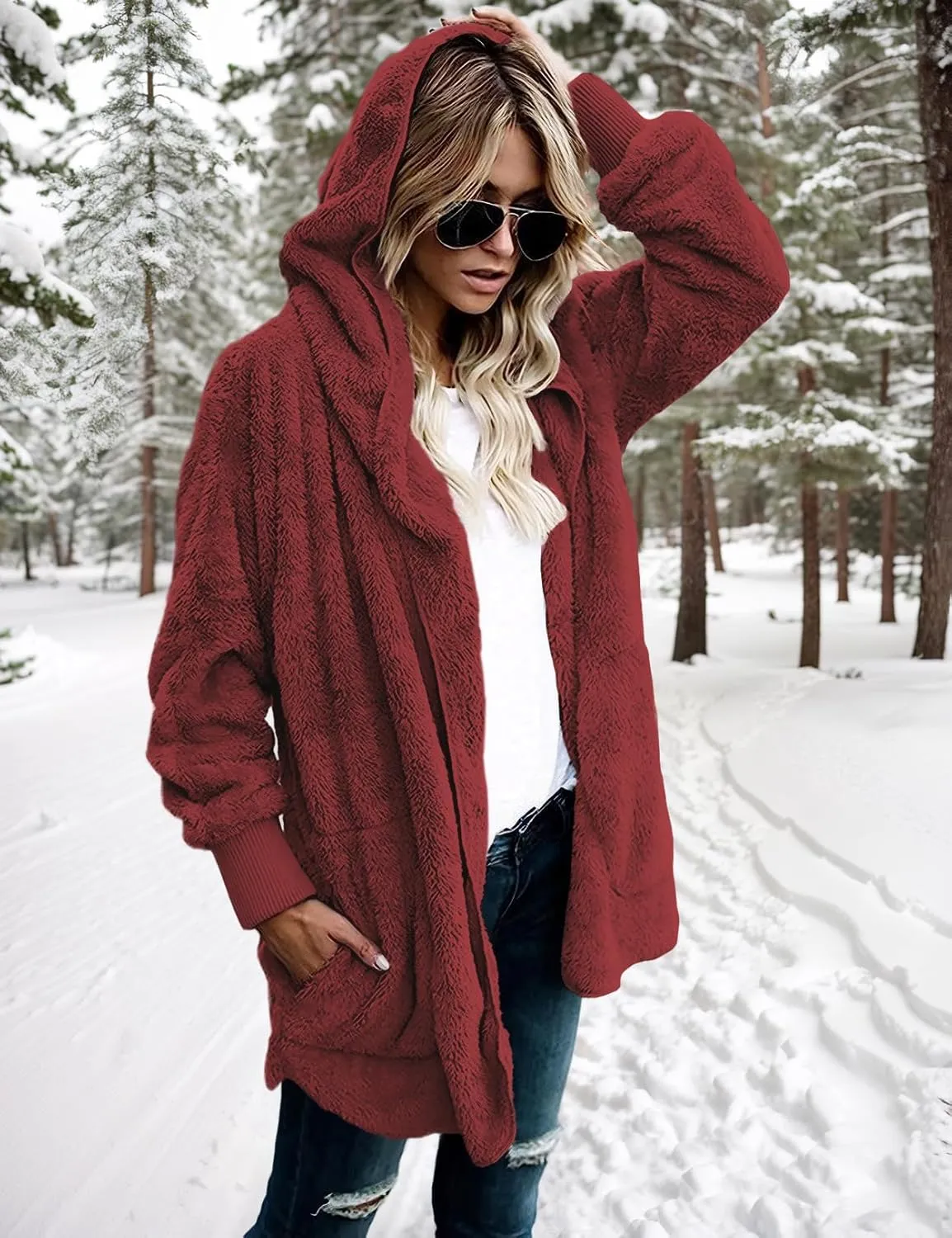 Zilcremo Women Hooded Cardigan Fuzzy Jacket Winter Open Front Fleece Coat Outwear with Pockets