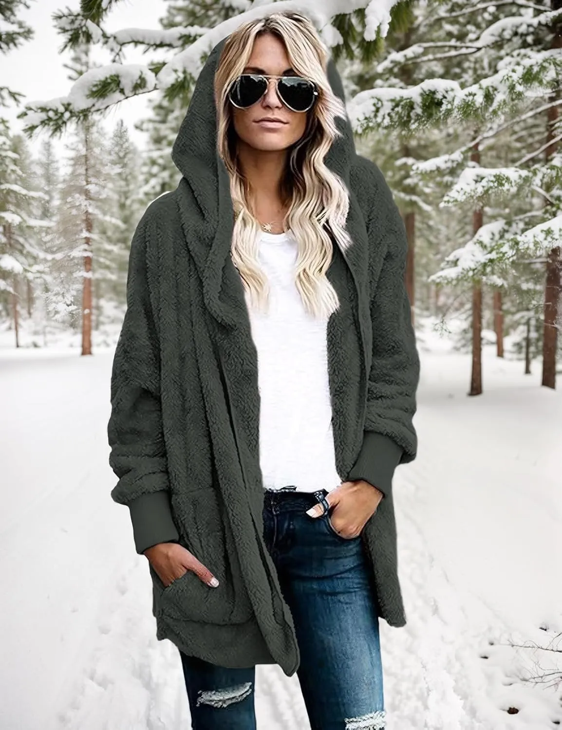 Zilcremo Women Hooded Cardigan Fuzzy Jacket Winter Open Front Fleece Coat Outwear with Pockets