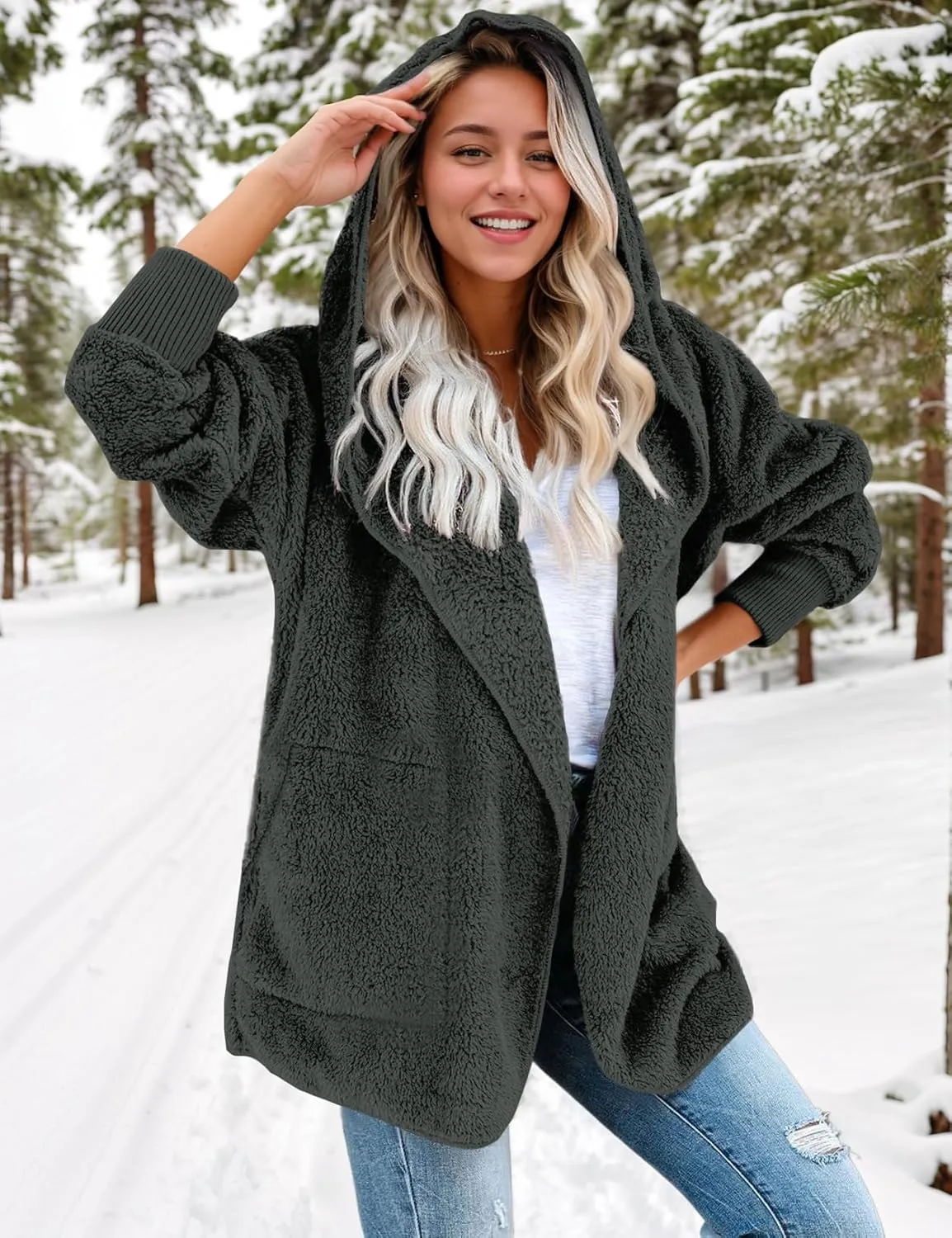 Zilcremo Women Hooded Cardigan Fuzzy Jacket Winter Open Front Fleece Coat Outwear with Pockets
